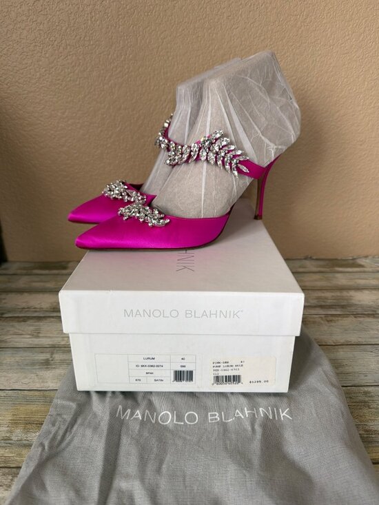 Manolo Blahnik Shoes - Manolo Blahnik Lurum 90 Pink Satin Crystal Mule Heels w/Box & COA EU 40/US 9-9.5